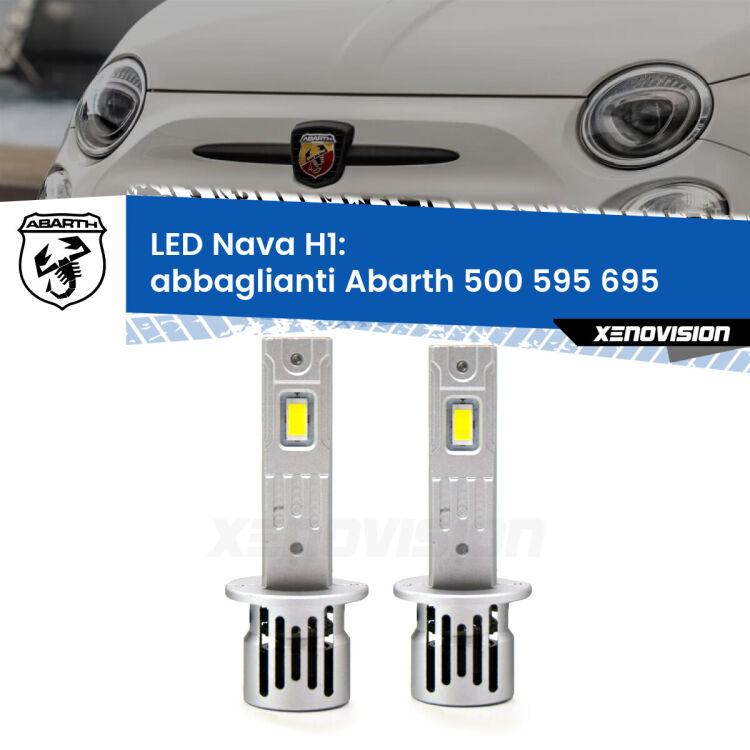 <strong>Abbaglianti LED no-spie per Abarth 500 595 695</strong>  2008-2014. Coppia lampade <strong> H1</strong> modello Nava canbus, raffreddate a ventola.