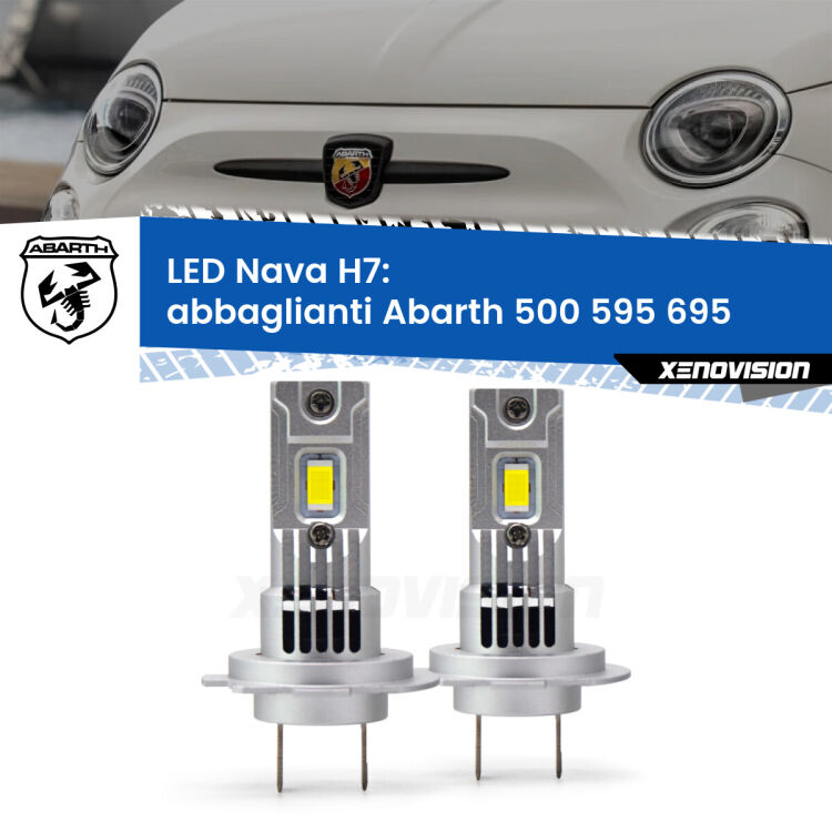 <strong>Abbaglianti LED no-spie per Abarth 500 595 695</strong>  2015-2022. Coppia lampade <strong>H7</strong> modello Nava canbus, raffreddate a ventola.