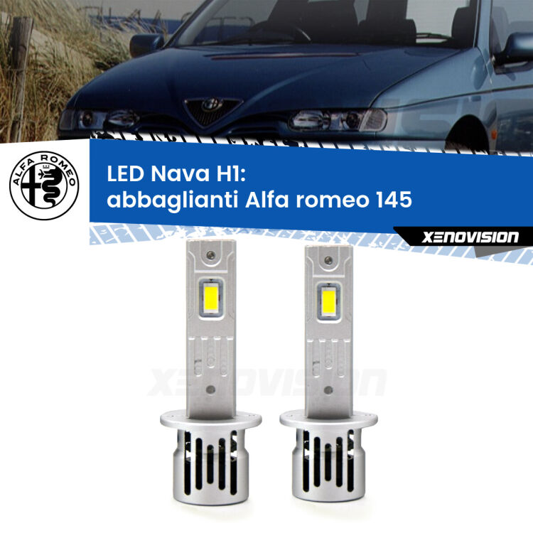 <strong>Abbaglianti LED no-spie per Alfa romeo 145</strong>  1994 -2001. Coppia lampade <strong> H1</strong> modello Nava canbus, raffreddate a ventola.