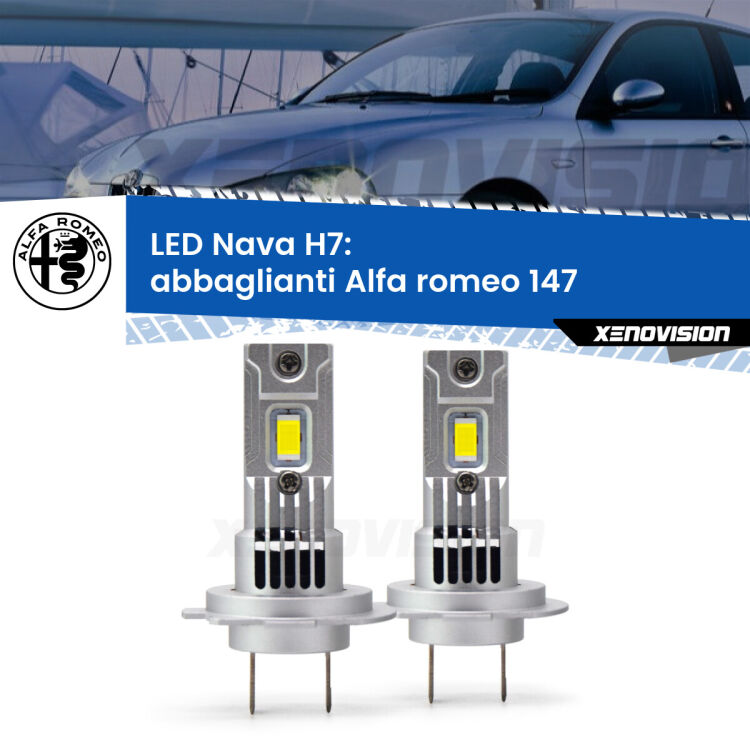 <strong>Abbaglianti LED no-spie per Alfa romeo 147</strong>  2000 -2004. Coppia lampade <strong>H7</strong> modello Nava canbus, raffreddate a ventola.