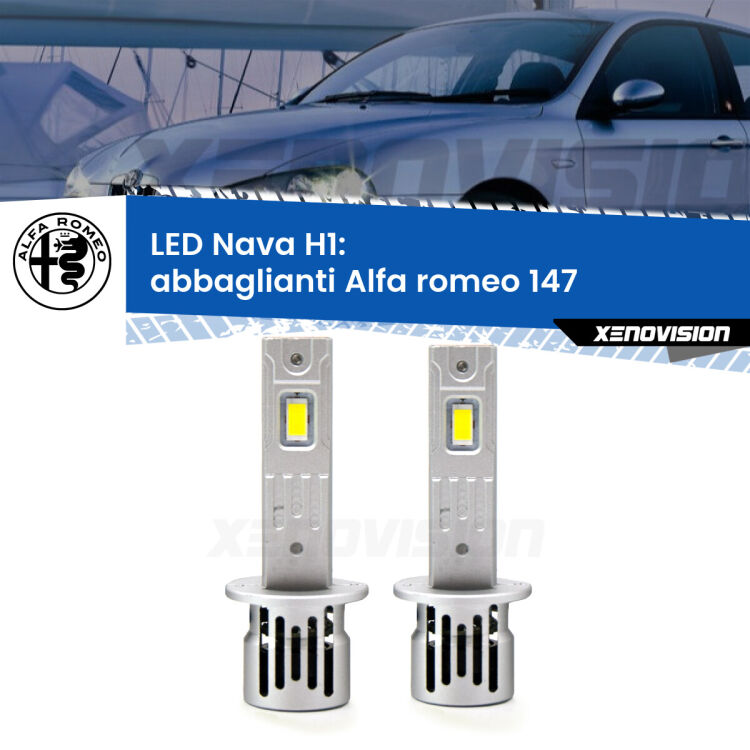 <strong>Abbaglianti LED no-spie per Alfa romeo 147</strong>  2005 -2010. Coppia lampade <strong> H1</strong> modello Nava canbus, raffreddate a ventola.