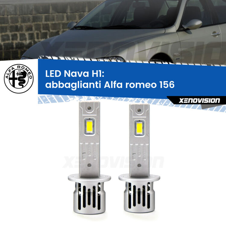 <strong>Abbaglianti LED no-spie per Alfa romeo 156</strong>  1997-2005. Coppia lampade <strong> H1</strong> modello Nava canbus, raffreddate a ventola.