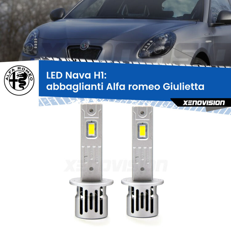 <strong>Abbaglianti LED no-spie per Alfa romeo Giulietta</strong>  2010 in poi. Coppia lampade <strong> H1</strong> modello Nava canbus, raffreddate a ventola.