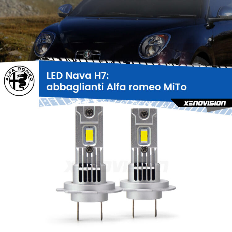 <strong>Abbaglianti LED no-spie per Alfa romeo MiTo</strong>  2008 -2018. Coppia lampade <strong>H7</strong> modello Nava canbus, raffreddate a ventola.