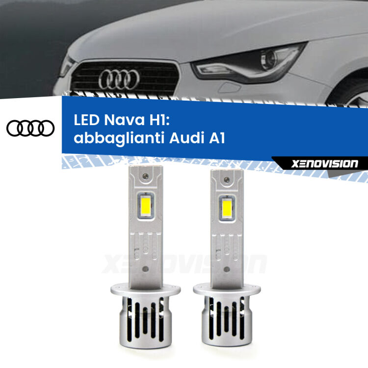 <strong>Abbaglianti LED no-spie per Audi A1</strong>  2010-2014. Coppia lampade <strong> H1</strong> modello Nava canbus, raffreddate a ventola.