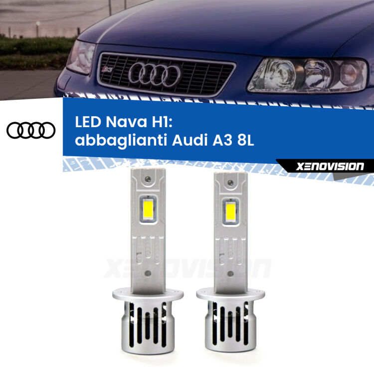 <strong>Abbaglianti LED no-spie per Audi A3</strong> 8L 1996-2000. Coppia lampade <strong> H1</strong> modello Nava canbus, raffreddate a ventola.