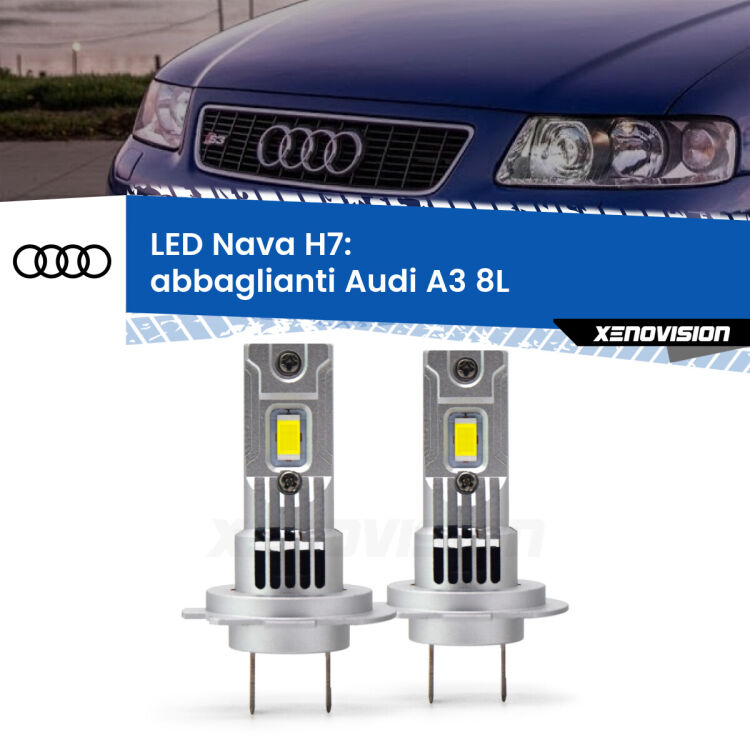 <strong>Abbaglianti LED no-spie per Audi A3</strong> 8L 2001-2003. Coppia lampade <strong>H7</strong> modello Nava canbus, raffreddate a ventola.