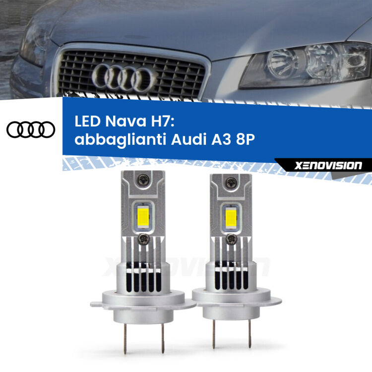 <strong>Abbaglianti LED no-spie per Audi A3</strong> 8P 2003 -2012. Coppia lampade <strong>H7</strong> modello Nava canbus, raffreddate a ventola.