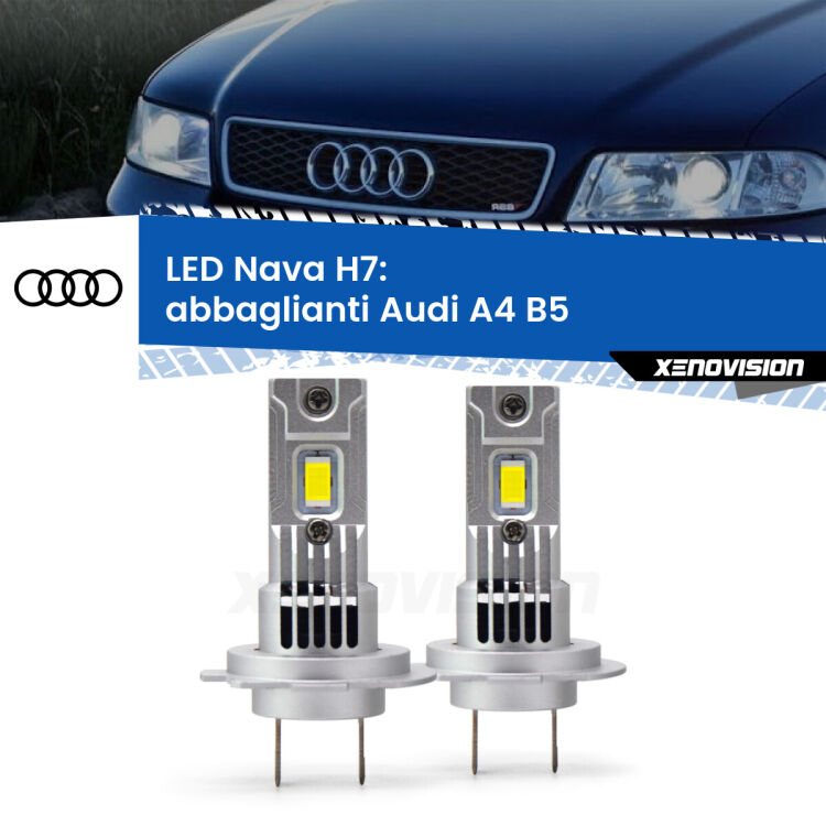 <strong>Abbaglianti LED no-spie per Audi A4</strong> B5 a parabola doppia. Coppia lampade <strong>H7</strong> modello Nava canbus, raffreddate a ventola.