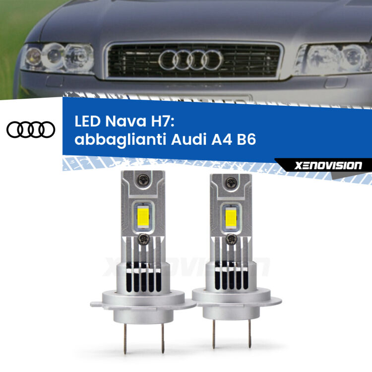 <strong>Abbaglianti LED no-spie per Audi A4</strong> B6 2000-2004. Coppia lampade <strong>H7</strong> modello Nava canbus, raffreddate a ventola.