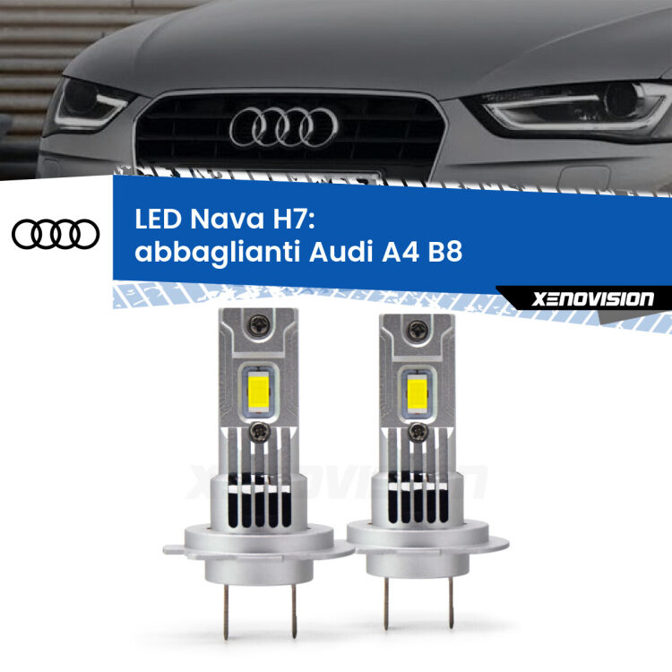 <strong>Abbaglianti LED no-spie per Audi A4</strong> B8 2007 -2015. Coppia lampade <strong>H7</strong> modello Nava canbus, raffreddate a ventola.