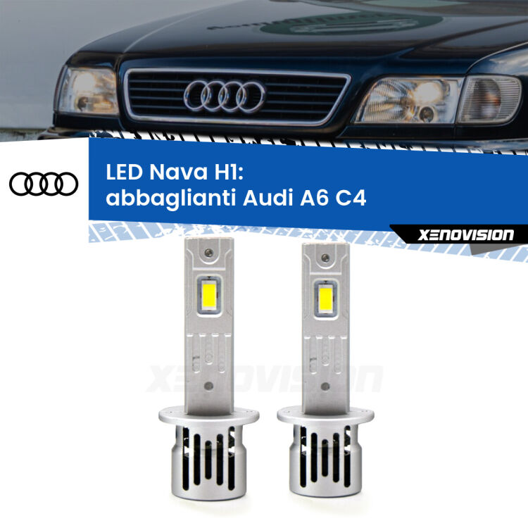 <strong>Abbaglianti LED no-spie per Audi A6</strong> C4 1994 -1997. Coppia lampade <strong> H1</strong> modello Nava canbus, raffreddate a ventola.