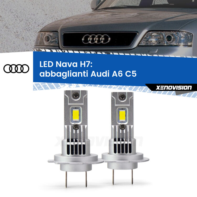 <strong>Abbaglianti LED no-spie per Audi A6</strong> C5 1997 -2004. Coppia lampade <strong>H7</strong> modello Nava canbus, raffreddate a ventola.