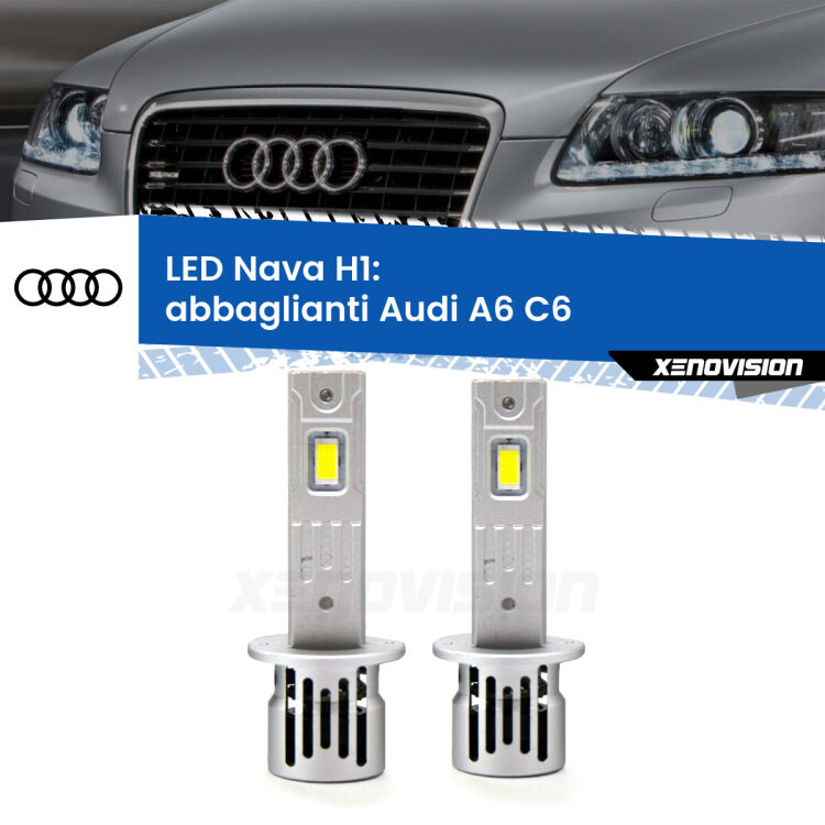 <strong>Abbaglianti LED no-spie per Audi A6</strong> C6 2004 -2008. Coppia lampade <strong> H1</strong> modello Nava canbus, raffreddate a ventola.