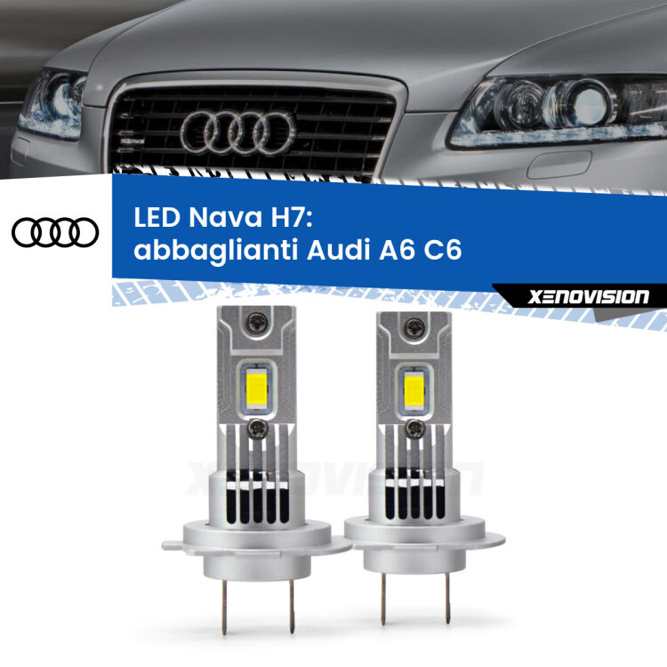 <strong>Abbaglianti LED no-spie per Audi A6</strong> C6 dal 2009, con fari Bi-Xenon. Coppia lampade <strong>H7</strong> modello Nava canbus, raffreddate a ventola.