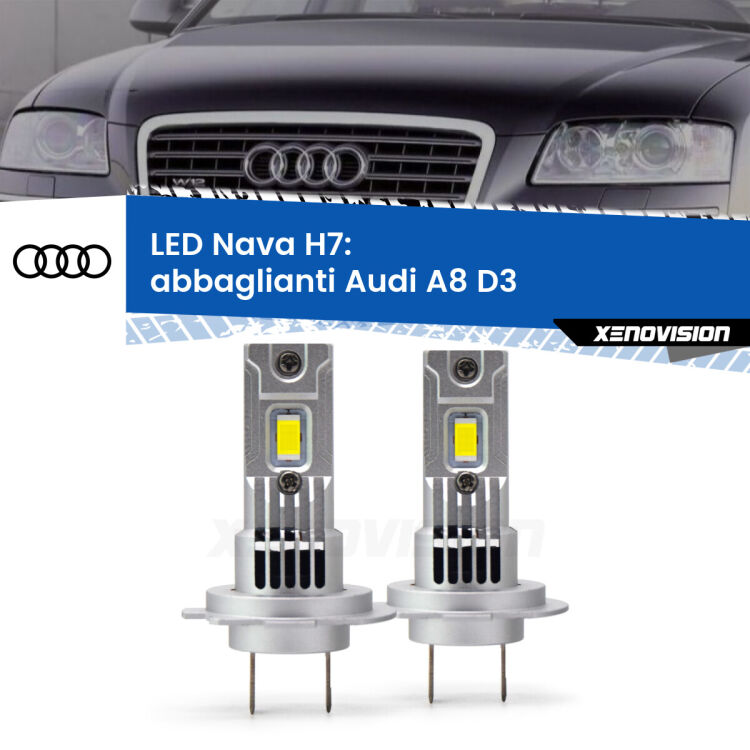 <strong>Abbaglianti LED no-spie per Audi A8</strong> D3 2002 -2009. Coppia lampade <strong>H7</strong> modello Nava canbus, raffreddate a ventola.