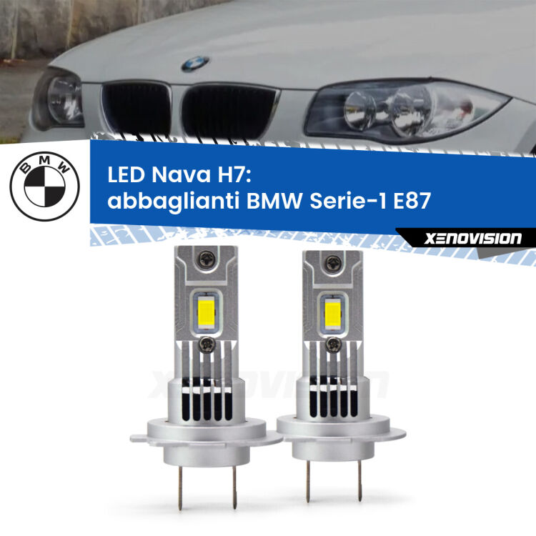 <strong>Abbaglianti LED no-spie per BMW Serie-1</strong> E87 2003 -2012. Coppia lampade <strong>H7</strong> modello Nava canbus, raffreddate a ventola.