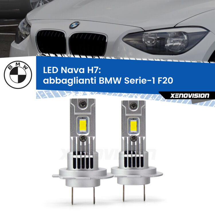 <strong>Abbaglianti LED no-spie per BMW Serie-1</strong> F20 2010 -2019. Coppia lampade <strong>H7</strong> modello Nava canbus, raffreddate a ventola.