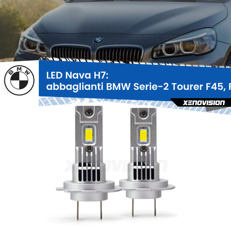 <strong>Abbaglianti LED no-spie per BMW Serie-2 Tourer</strong> F45, F46 2014 -2018. Coppia lampade <strong>H7</strong> modello Nava canbus, raffreddate a ventola.