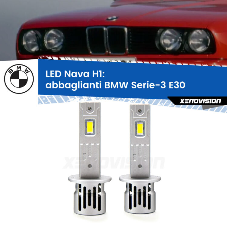 <strong>Abbaglianti LED no-spie per BMW Serie-3</strong> E30 1982 -1992. Coppia lampade <strong> H1</strong> modello Nava canbus, raffreddate a ventola.