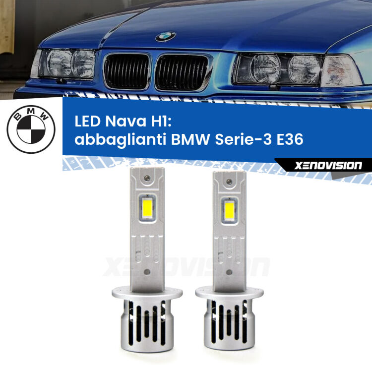 <strong>Abbaglianti LED no-spie per BMW Serie-3</strong> E36 1990 -1994. Coppia lampade <strong> H1</strong> modello Nava canbus, raffreddate a ventola.