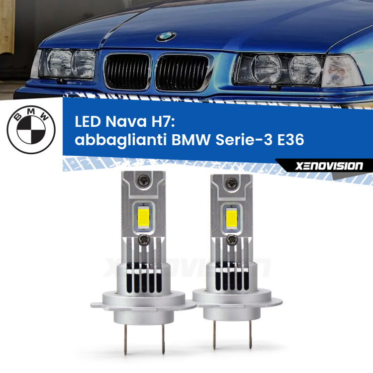 <strong>Abbaglianti LED no-spie per BMW Serie-3</strong> E36 1994 -1998. Coppia lampade <strong>H7</strong> modello Nava canbus, raffreddate a ventola.