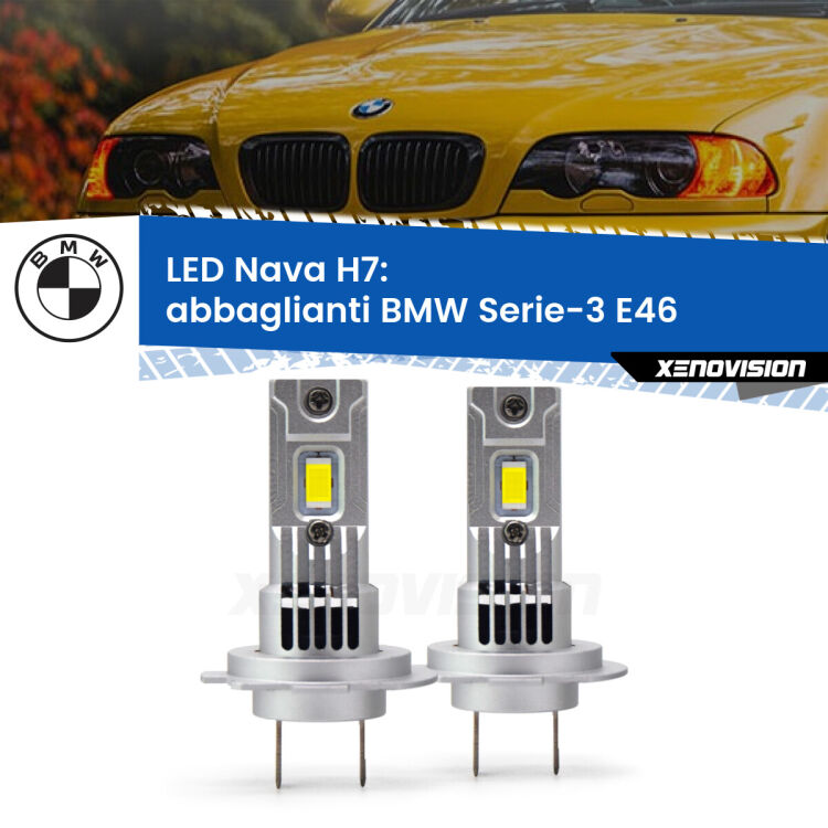 <strong>Abbaglianti LED no-spie per BMW Serie-3</strong> E46 1998 -2005. Coppia lampade <strong>H7</strong> modello Nava canbus, raffreddate a ventola.