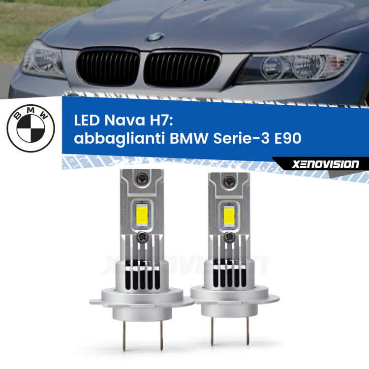 <strong>Abbaglianti LED no-spie per BMW Serie-3</strong> E90 2005 -2011. Coppia lampade <strong>H7</strong> modello Nava canbus, raffreddate a ventola.