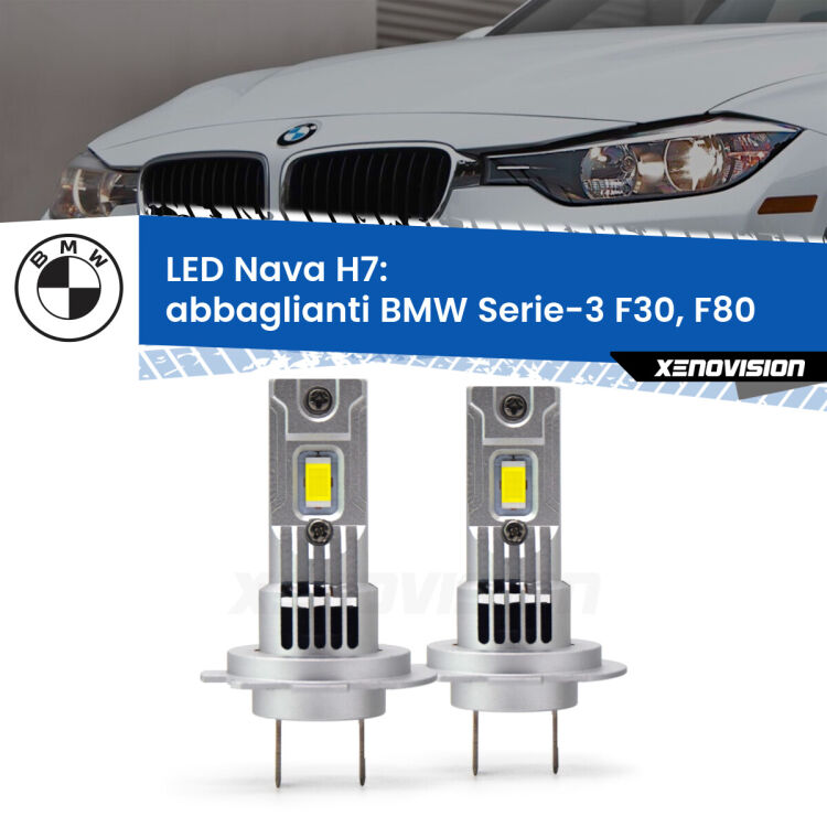 <strong>Abbaglianti LED no-spie per BMW Serie-3</strong> F30, F80 2012 -2019. Coppia lampade <strong>H7</strong> modello Nava canbus, raffreddate a ventola.