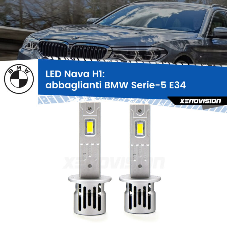 <strong>Abbaglianti LED no-spie per BMW Serie-5</strong> E34 1988 -1995. Coppia lampade <strong> H1</strong> modello Nava canbus, raffreddate a ventola.