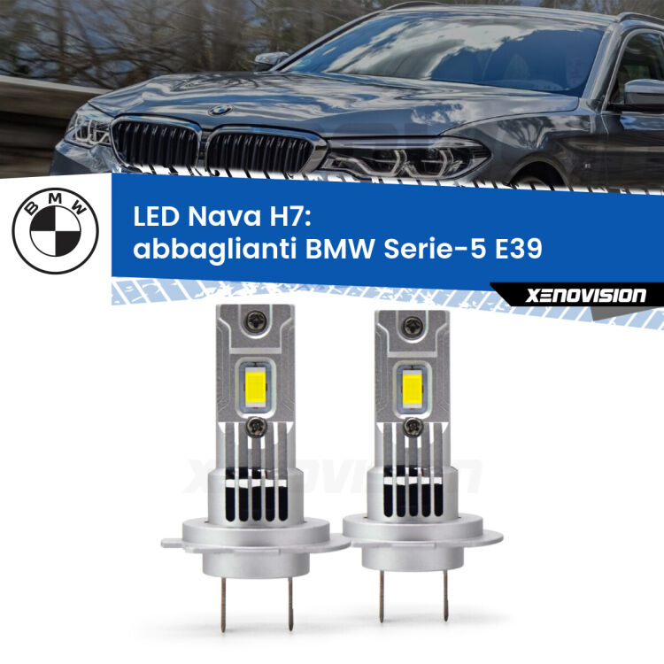 <strong>Abbaglianti LED no-spie per BMW Serie-5</strong> E39 2000 -2003. Coppia lampade <strong>H7</strong> modello Nava canbus, raffreddate a ventola.