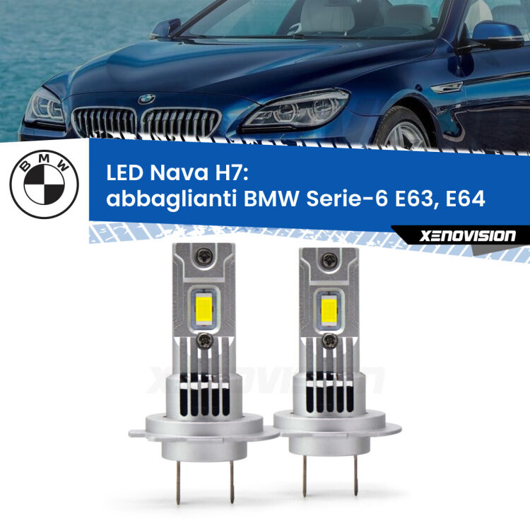 <strong>Abbaglianti LED no-spie per BMW Serie-6</strong> E63, E64 2004 -2010. Coppia lampade <strong>H7</strong> modello Nava canbus, raffreddate a ventola.