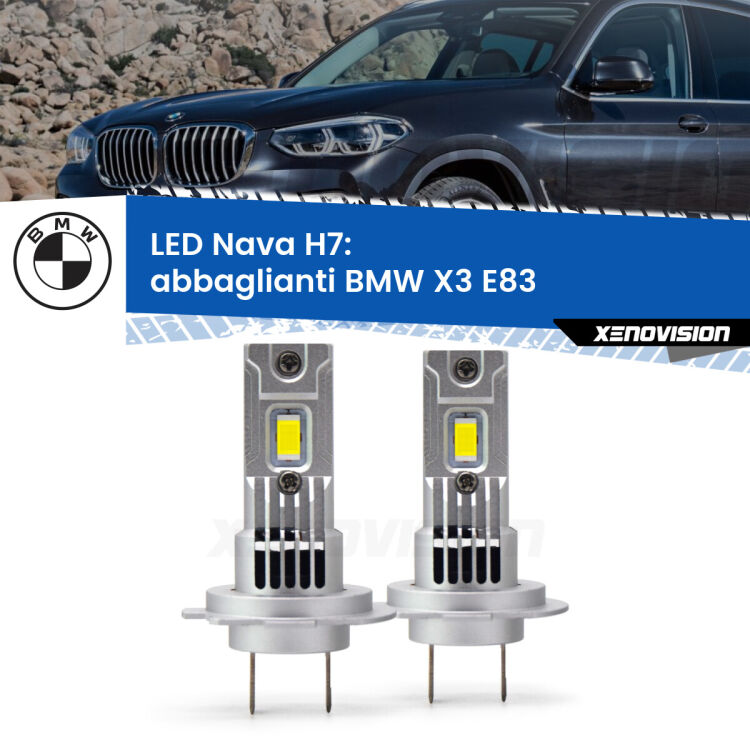 <strong>Abbaglianti LED no-spie per BMW X3</strong> E83 2003 -2010. Coppia lampade <strong>H7</strong> modello Nava canbus, raffreddate a ventola.