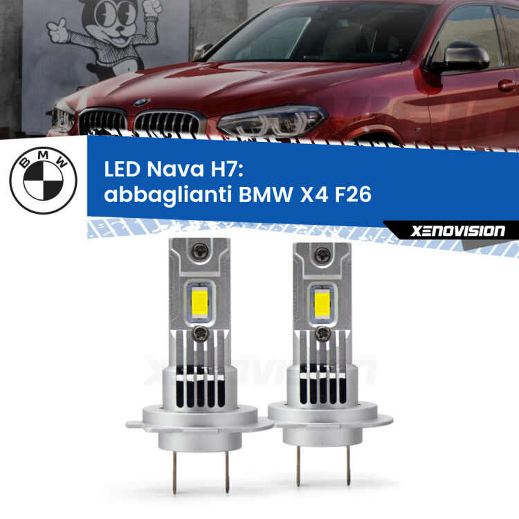 <strong>Abbaglianti LED no-spie per BMW X4</strong> F26 2014 -2017. Coppia lampade <strong>H7</strong> modello Nava canbus, raffreddate a ventola.