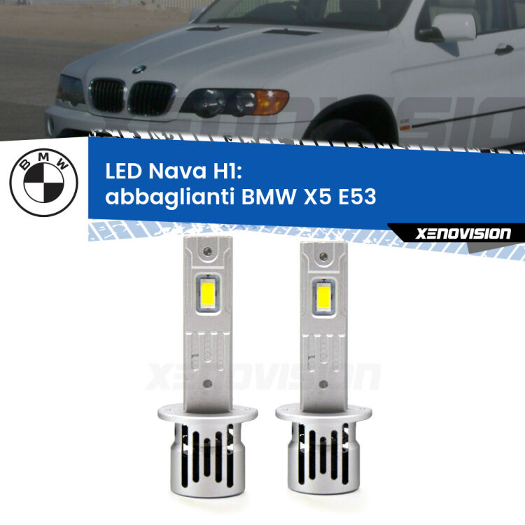 <strong>Abbaglianti LED no-spie per BMW X5</strong> E53 2003 -2005. Coppia lampade <strong> H1</strong> modello Nava canbus, raffreddate a ventola.