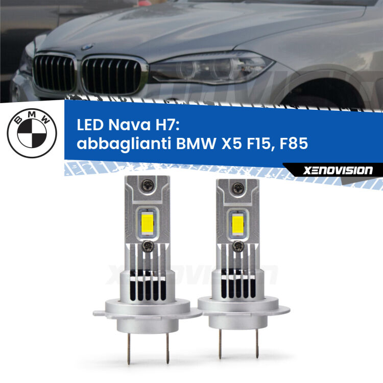 <strong>Abbaglianti LED no-spie per BMW X5</strong> F15, F85 2014 -2018. Coppia lampade <strong>H7</strong> modello Nava canbus, raffreddate a ventola.