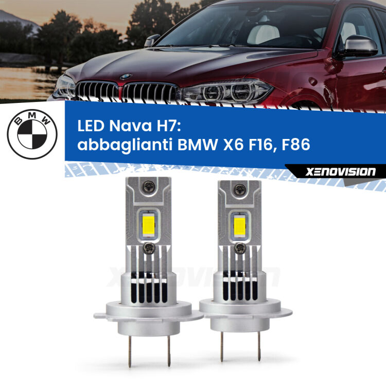 <strong>Abbaglianti LED no-spie per BMW X6</strong> F16, F86 2015 -2019. Coppia lampade <strong>H7</strong> modello Nava canbus, raffreddate a ventola.