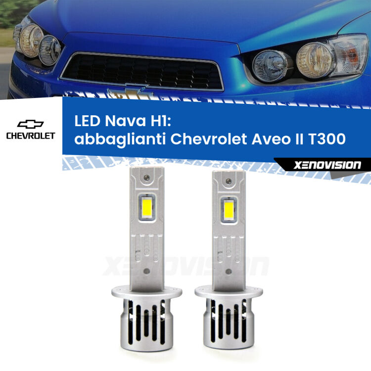 <strong>Abbaglianti LED no-spie per Chevrolet Aveo II</strong> T300 2011 -2021. Coppia lampade <strong> H1</strong> modello Nava canbus, raffreddate a ventola.