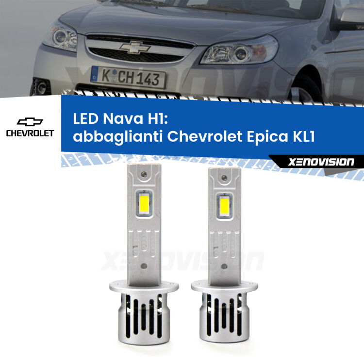 <strong>Abbaglianti LED no-spie per Chevrolet Epica</strong> KL1 2005 -2011. Coppia lampade <strong> H1</strong> modello Nava canbus, raffreddate a ventola.