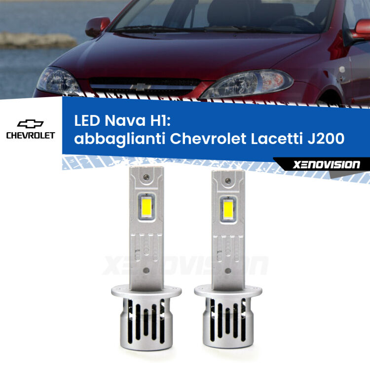 <strong>Abbaglianti LED no-spie per Chevrolet Lacetti</strong> J200 2002 -2009. Coppia lampade <strong> H1</strong> modello Nava canbus, raffreddate a ventola.