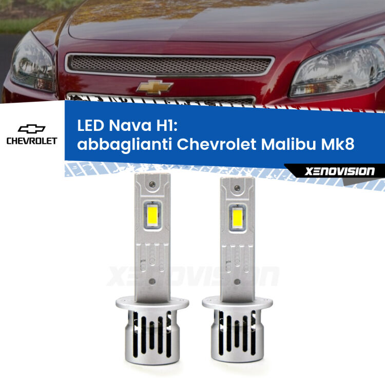 <strong>Abbaglianti LED no-spie per Chevrolet Malibu</strong> Mk8 2012 -2015. Coppia lampade <strong> H1</strong> modello Nava canbus, raffreddate a ventola.