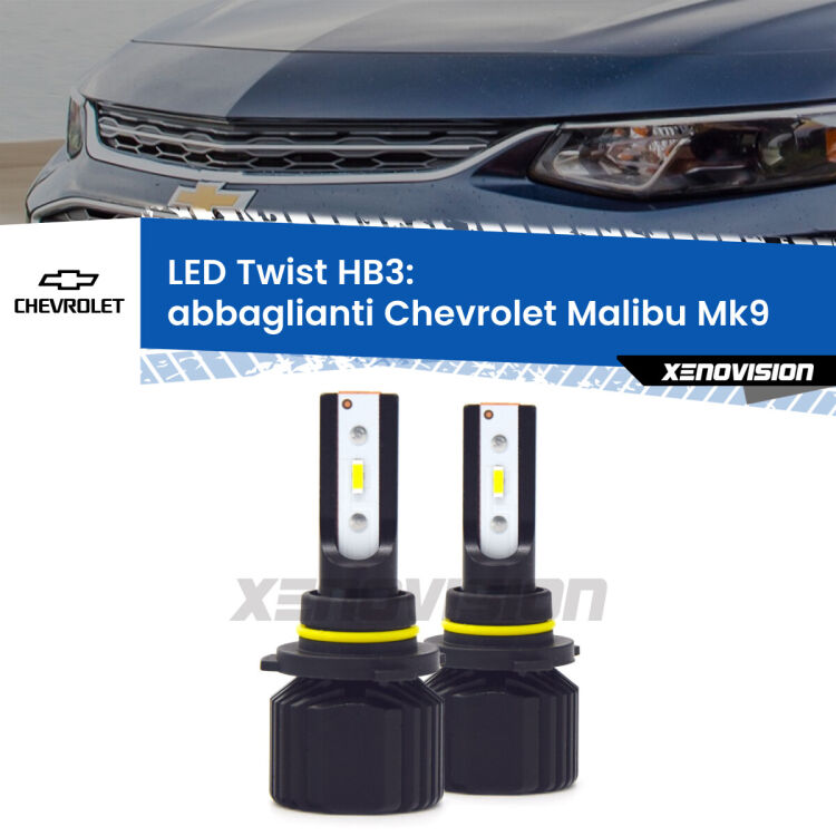 <strong>Kit abbaglianti LED</strong> HB3 per <strong>Chevrolet Malibu</strong> Mk9 2016 in poi. Compatte, impermeabili, senza ventola: praticamente indistruttibili. Top Quality.