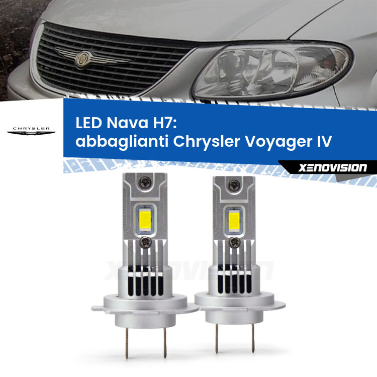 <strong>Abbaglianti LED no-spie per Chrysler Voyager IV</strong>  2000-2004. Coppia lampade <strong>H7</strong> modello Nava canbus, raffreddate a ventola.