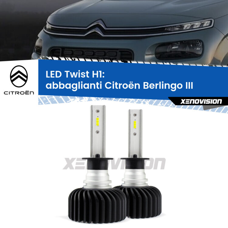 <strong>Kit abbaglianti LED</strong> H1 per <strong>Citroën Berlingo</strong> III 2018 in poi. Compatte, impermeabili, senza ventola: praticamente indistruttibili. Top Quality.