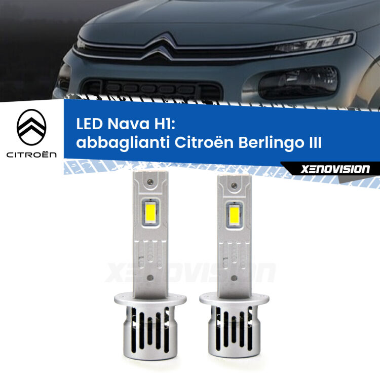 <strong>Abbaglianti LED no-spie per Citroën Berlingo</strong> III 2018 in poi. Coppia lampade <strong> H1</strong> modello Nava canbus, raffreddate a ventola.