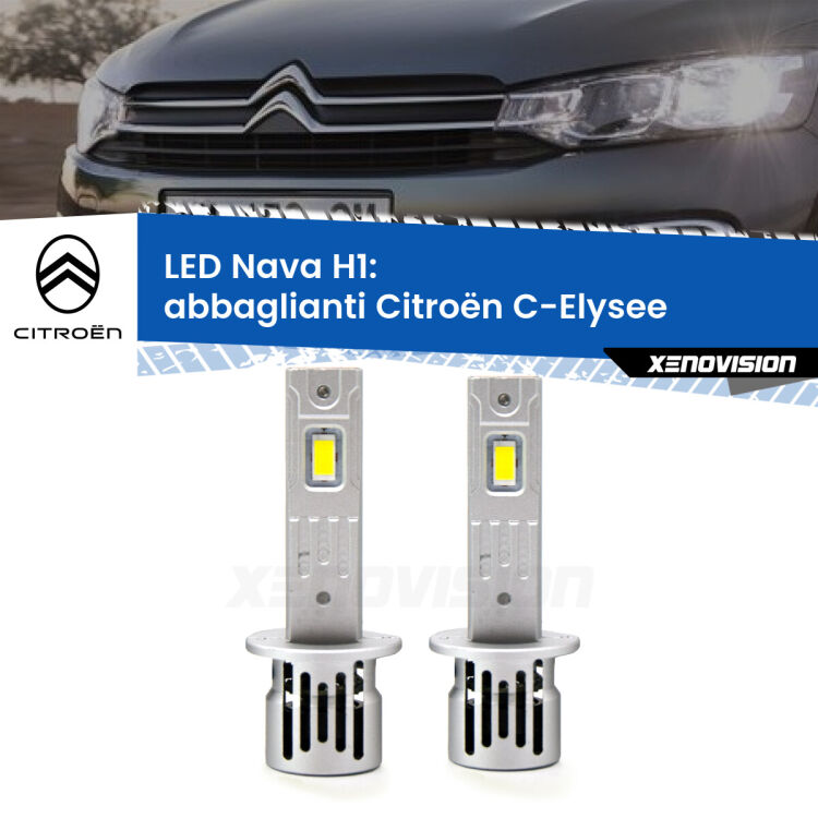 <strong>Abbaglianti LED no-spie per Citroën C-Elysee</strong>  2012 in poi. Coppia lampade <strong> H1</strong> modello Nava canbus, raffreddate a ventola.