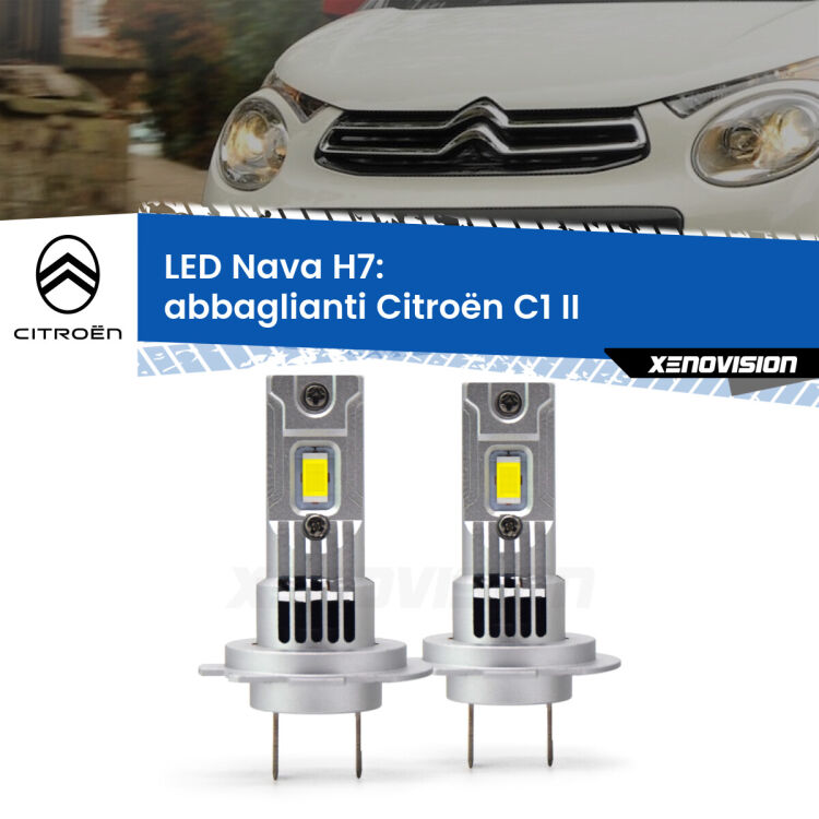 <strong>Abbaglianti LED no-spie per Citroën C1</strong> II 2014 in poi. Coppia lampade <strong>H7</strong> modello Nava canbus, raffreddate a ventola.