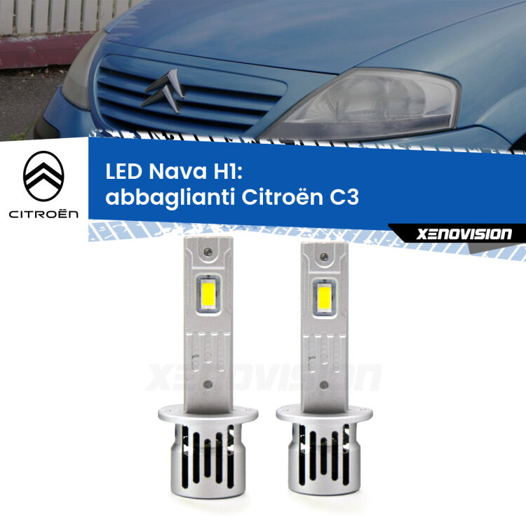 <strong>Abbaglianti LED no-spie per Citroën C3</strong>  2002-2009. Coppia lampade <strong> H1</strong> modello Nava canbus, raffreddate a ventola.