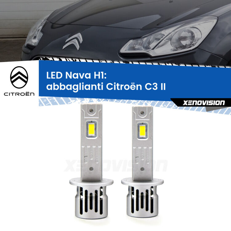 <strong>Abbaglianti LED no-spie per Citroën C3</strong> II 2009-2016. Coppia lampade <strong> H1</strong> modello Nava canbus, raffreddate a ventola.