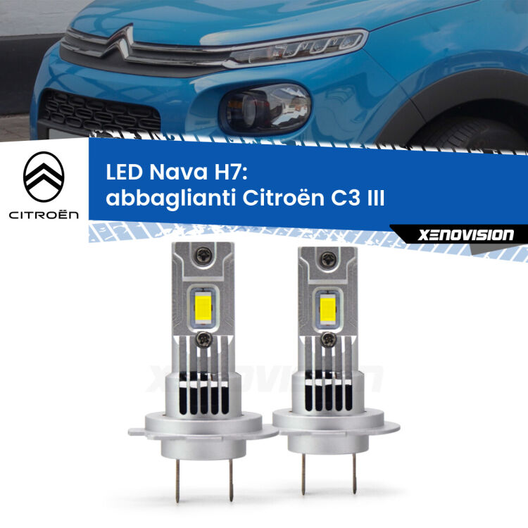 <strong>Abbaglianti LED no-spie per Citroën C3</strong> III 2016 in poi. Coppia lampade <strong>H7</strong> modello Nava canbus, raffreddate a ventola.